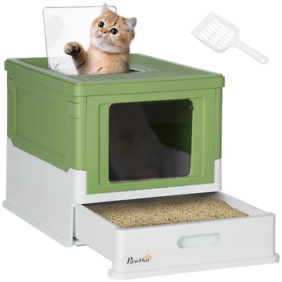 Fully Enclosed Cat Litter Box with Scoop, Hooded Cat Litter House with Drawer Type Tray, Foldable Smell Proof Cat Potty with Front Entry, Top Exit, La