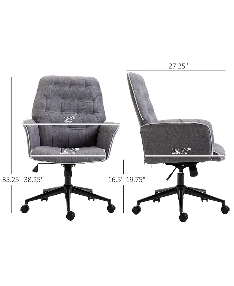 Linen Home Office Chair, Tufted Height Adjustable Computer Desk Chair with Swivel Wheels and Padded Armrests, Dark Gray