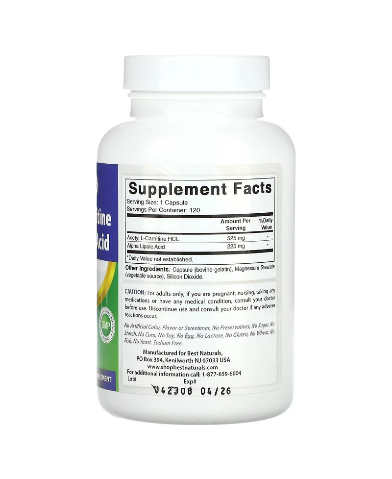 Best Naturals Acetyl L-Carnitine Alpha Lipoic Acid 750 mg