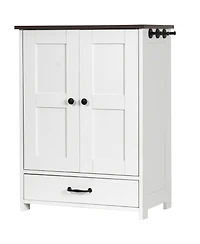 Dog Feeding Station, Dog Food Storage Cabinet with Hidden Dog Bowls, Adjustable Panel, Hooks, for Medium Sized Dogs, White