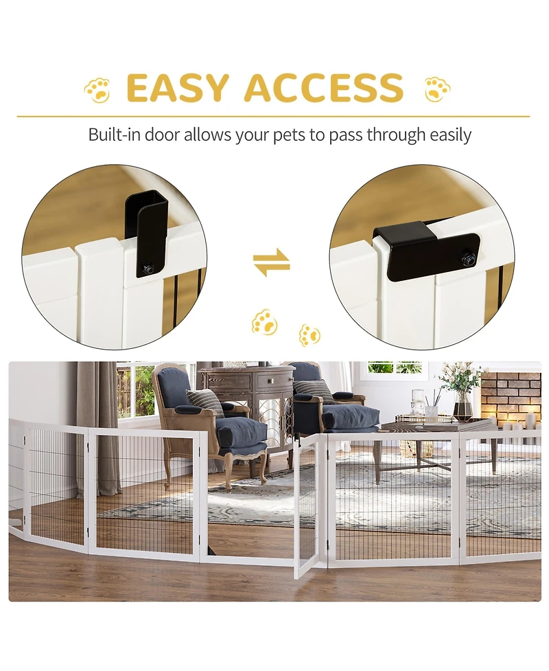 Wooden Dog Gate, 170" Freestanding Pet Gate, 6-Panel Foldable Dog Safety Barrier with 2 Support Feet for House Doorway Stairs, Small and Medium D