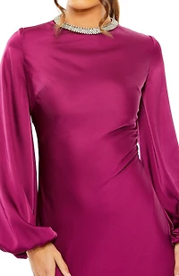 Women's Ieena Satin Long Blouson Sleeve Evening Gown