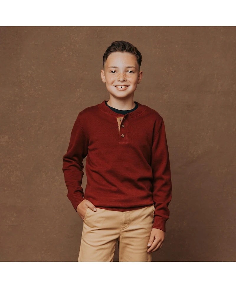 Hope & Henry Boys Organic Long Sleeve Henley Pullover Sweater with Elbow Patches
