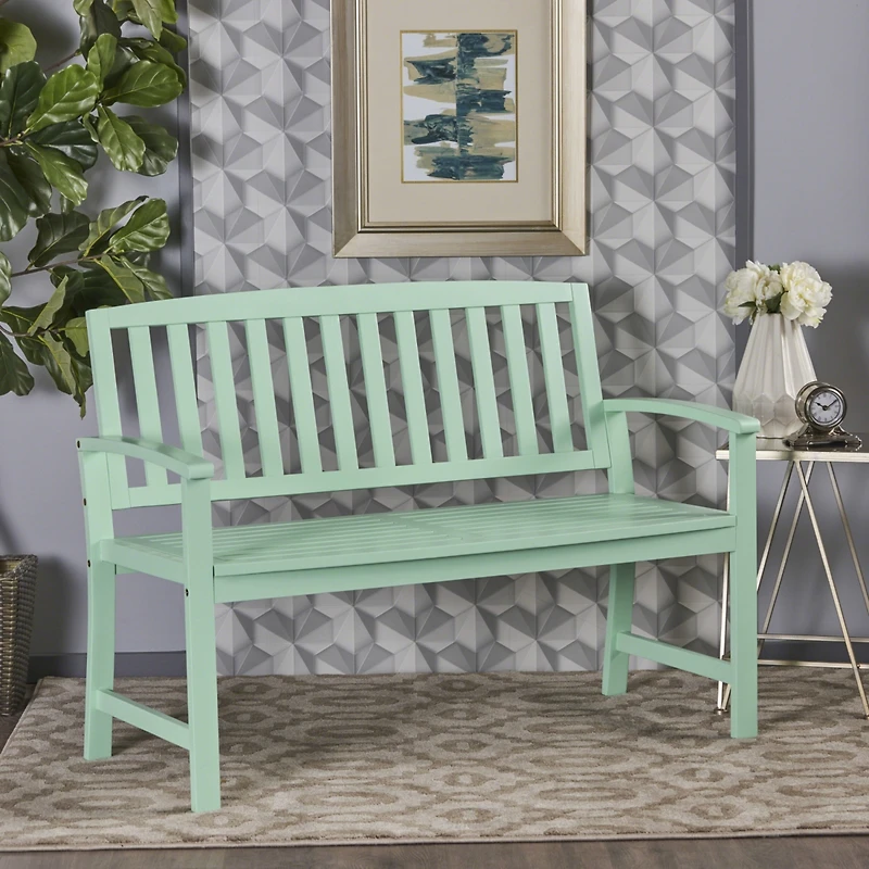 Farmhouse-Style Acacia Wood Bench In Light Mint