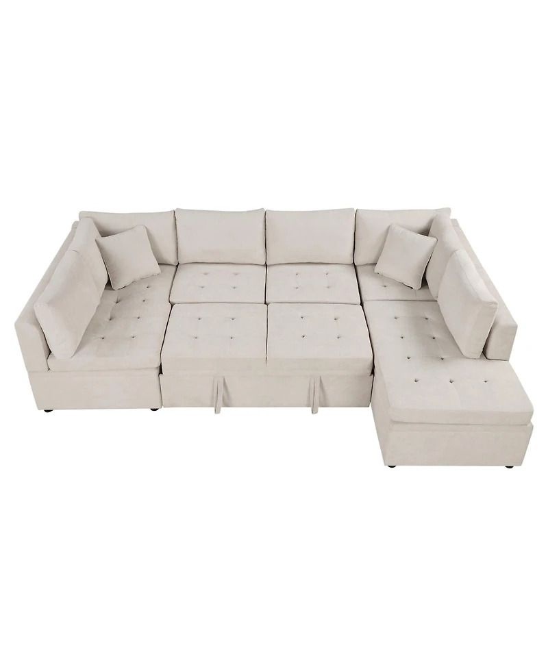 Simplie Fun 117.3" Oversized Sectional Sofa U- shaped Sofa Couch Pull-out Sofa Bed with Two Throw Pillows for Living Room, Beige