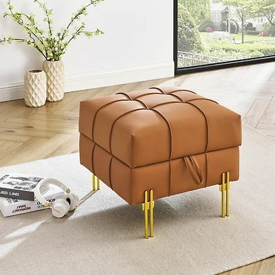 Streamdale Orange Leather Storage Ottoman with Golden Legs