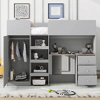 Simplie Fun Wood Full Size Loft Bed with Built-in Wardrobe, Desk, Storage Shelves and Drawers, Grey