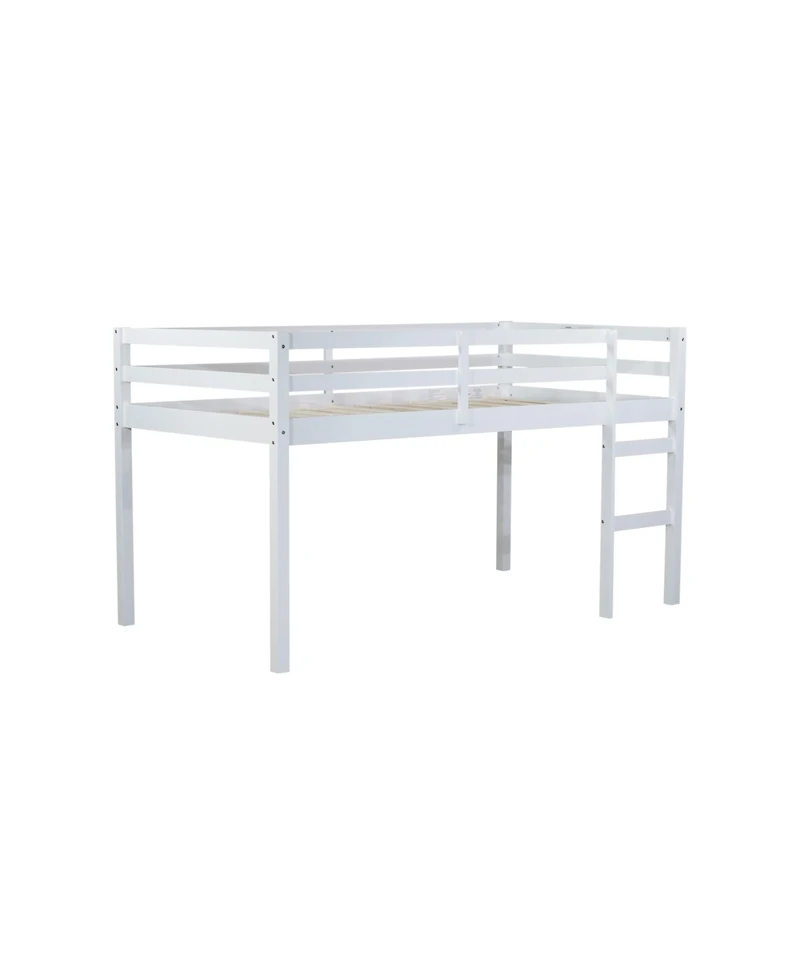 Simplie Fun Solid Wooden, Rubber Wooden Twin Loft Bed with Ladder, Bed Platform of Strengthened Slats, White