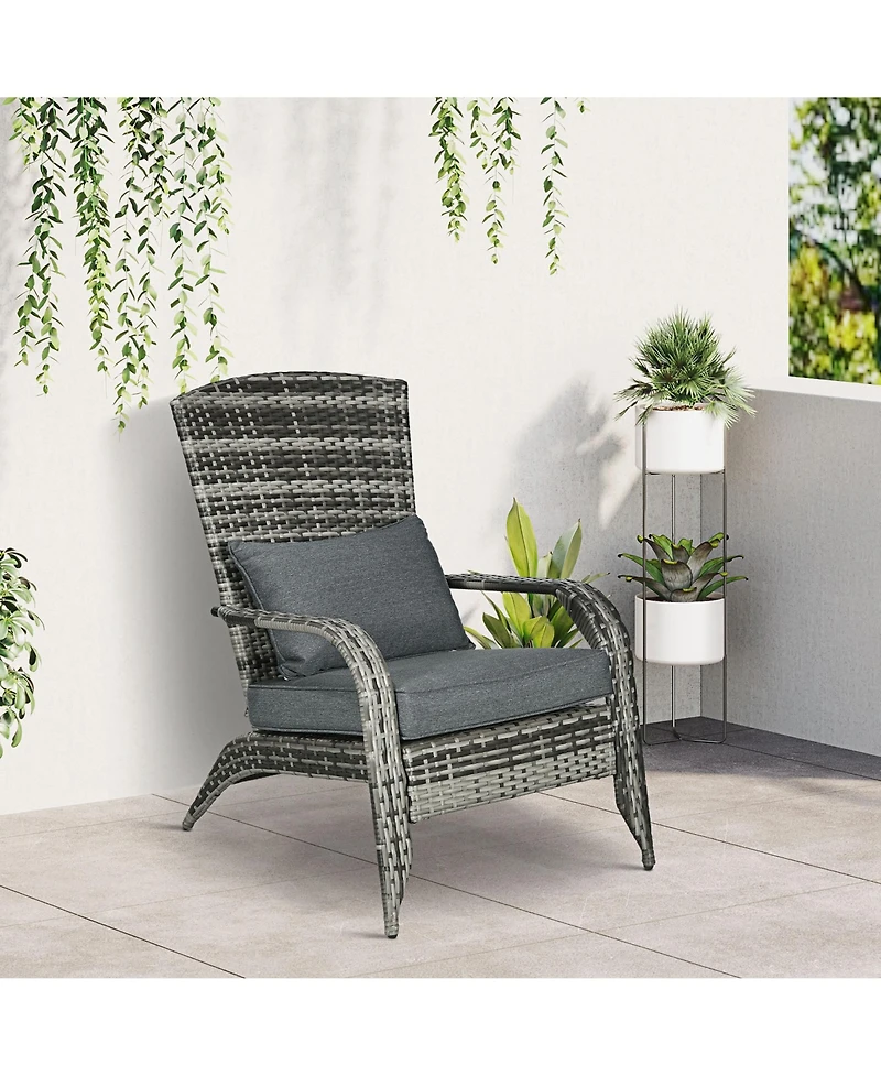 Patio Wicker Adirondack Chair, Outdoor All-Weather Rattan Fire Pit Chair w/ Soft Cushions, Tall Curved Backrest and Comfortable Armrests for Deck or G