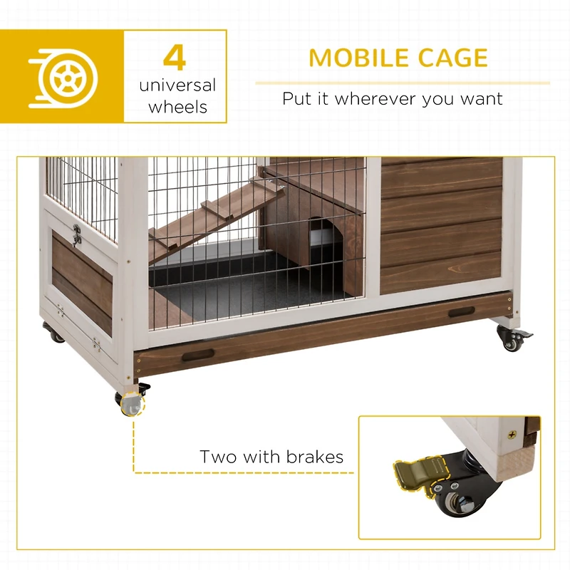 Wooden Rabbit Hutch Indoor Outdoor, Elevated Bunny Cage with No Leak Tray Enclosed Run with Wheels, Ideal for Guinea Pigs and Small Animals, Brown