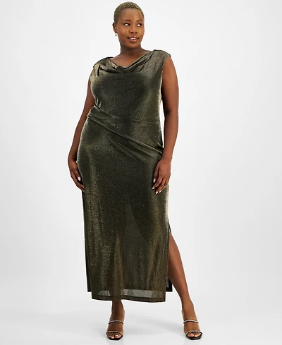Connected Plus Metallic-Finish Draped Evening Gown