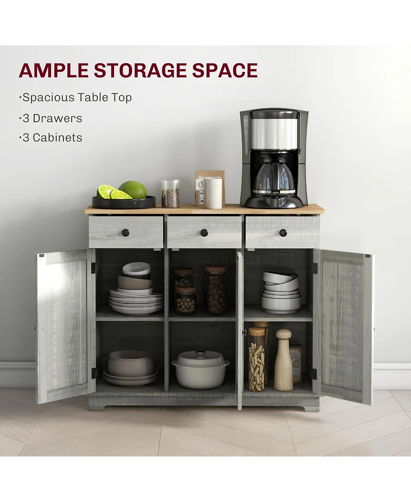 Sideboard with Solid Wood Countertop, Modern Kitchen Storage Cabinet, Coffee Bar Cabinet with 3 Drawers, Doors and Adjustable Shelf, Distressed Light