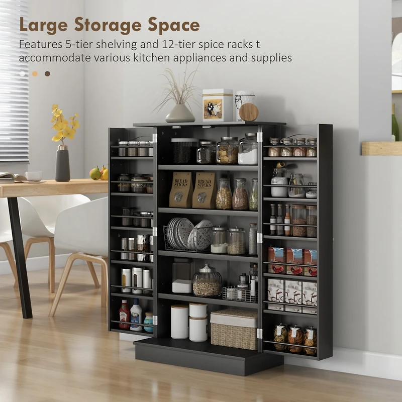 41" Kitchen Pantry Storage Cabinet, Freestanding Kitchen Cabinet with 12 Door Shelves, Double Doors, 5-tier Shelving and Adjustable Shelves