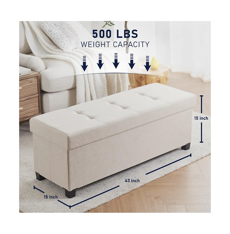 Ornavo Home Foldable Tufted 43 Inch Long Linen Bench Storage Ottoman with Legs