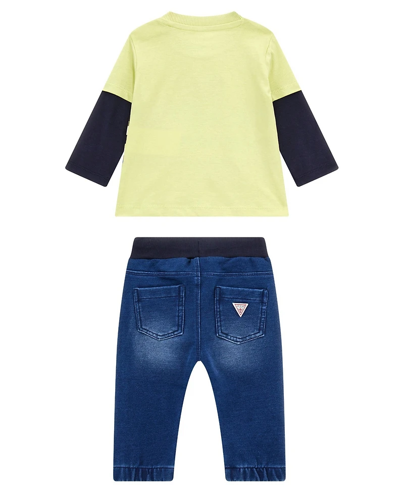 Guess Baby Boy Screen Print Long Sleeve T-Shirt and Knit Denim Pant, 2-Piece Set