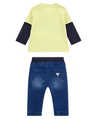 Guess Baby Boy Screen Print Long Sleeve T-Shirt and Knit Denim Pant, 2-Piece Set