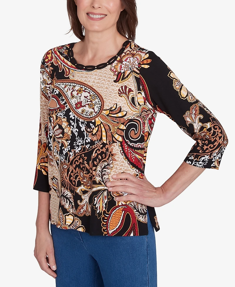 Alfred Dunner Petite Key Items Braided Neck Paisley Tee