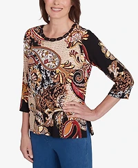 Alfred Dunner Petite Key Items Braided Neck Paisley Tee