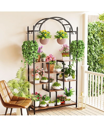 Unho 5-Tier Tall Plant Stand Arched Metal Flower Display Holder Hanging Hooks