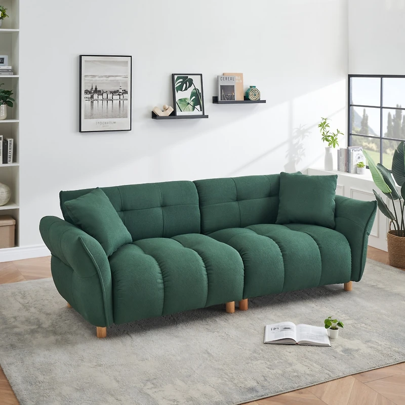93.70 inches long, Teddy Sofa Fabric, with two matching pillows and three spacious and comfortable seats, for Apartment Office Living Room - Green