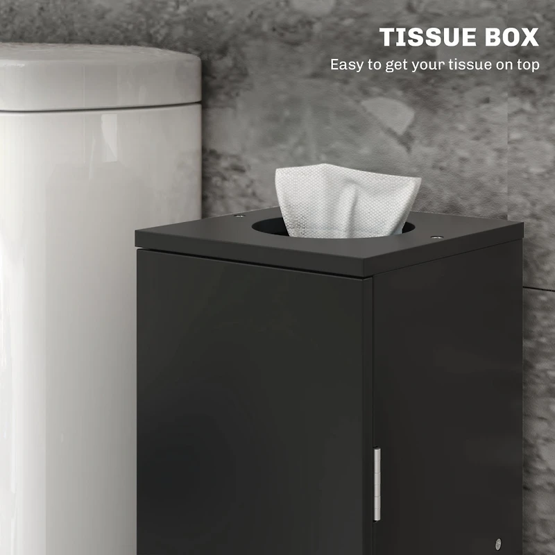 Toilet Paper Cabinet, Small Bathroom Corner Floor Cabinet with Doors and Shelves, Thin Storage Bathroom Organizer for Paper Shampoo, Black