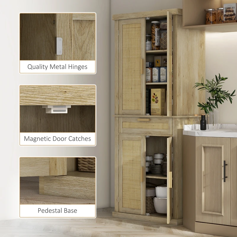 72" Tall Pantry Cabinet with Rattan Decorated Panel, Freestanding Boho Kitchen Storage Cabinet with 4 Doors, Drawer, 5-Tier Shelf and Adjustable