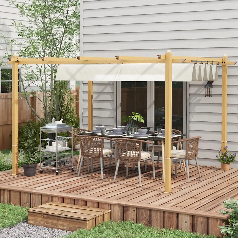 10' x 12' Retractable Pergola Canopy, Wood Grain Aluminum Pergola, Outdoor Sun Shade Shelter for Grill, Garden, Patio, Backyard, Deck, Cream White