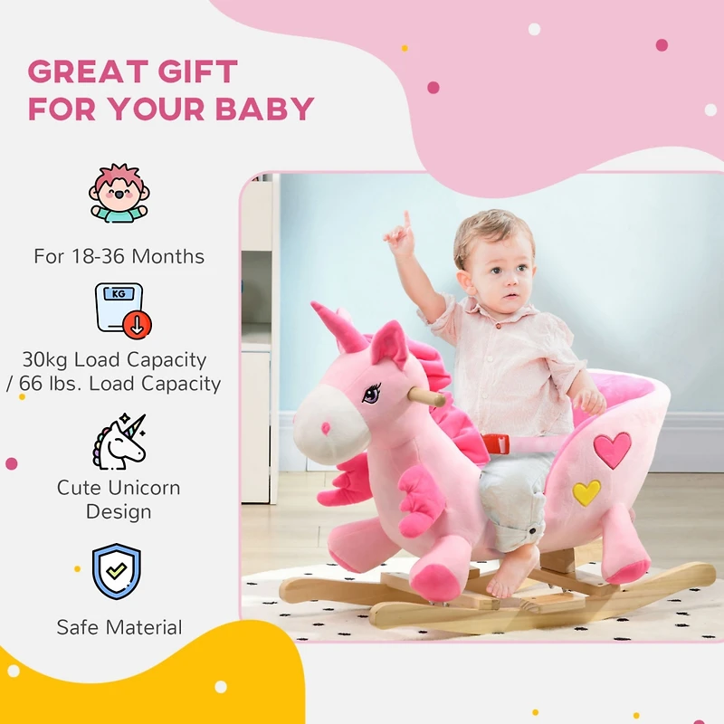 Baby Rocking Horse, Ride on Unicorn with 32 Songs, Toddler Rocker Toy with Wooden Base Seat Safety Belt for 1.5-3 Year Old, Pink