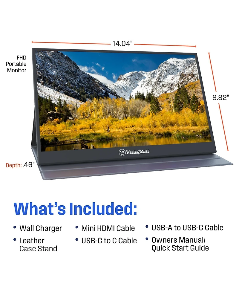 Westinghouse 15.6 Inch Portable Monitor for Laptop & Travel, 1080p, 60Hz, Ips Display, Full Hd Portable Travel Monitor with Magnetic Protective Cover,
