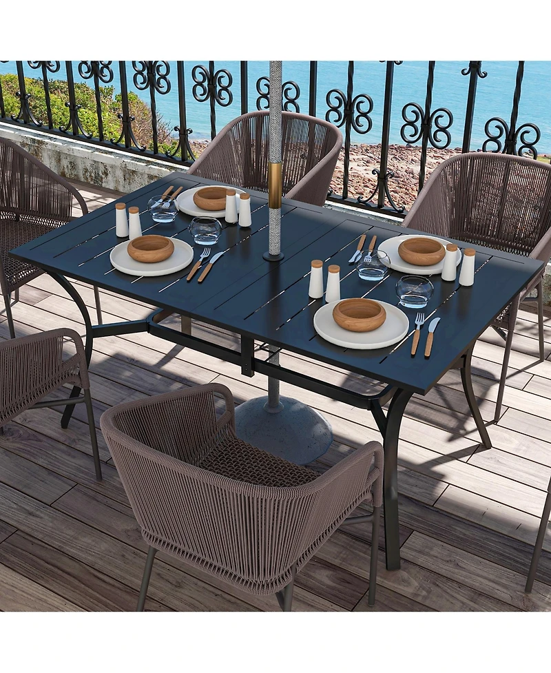 Rectangle Outdoor Dining Table for 6 People, Steel Rectangular Patio Table with Umbrella Hole, Steel Frame for Garden, Balcony, Black