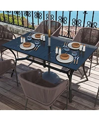 Rectangle Outdoor Dining Table for 6 People, Steel Rectangular Patio Table with Umbrella Hole, Steel Frame for Garden, Balcony, Black