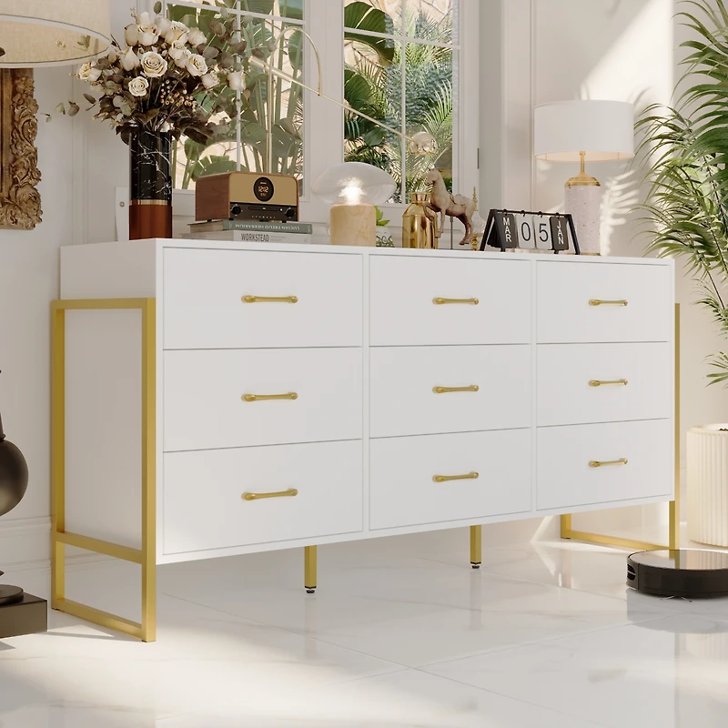 Homsee White and Golden 9-Drawers Wooden Dresser without Mirror