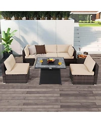 Costway 7 Pcs Patio Furniture Set with 35" Propane Gas Fire Pit Table & Waterproof Cover