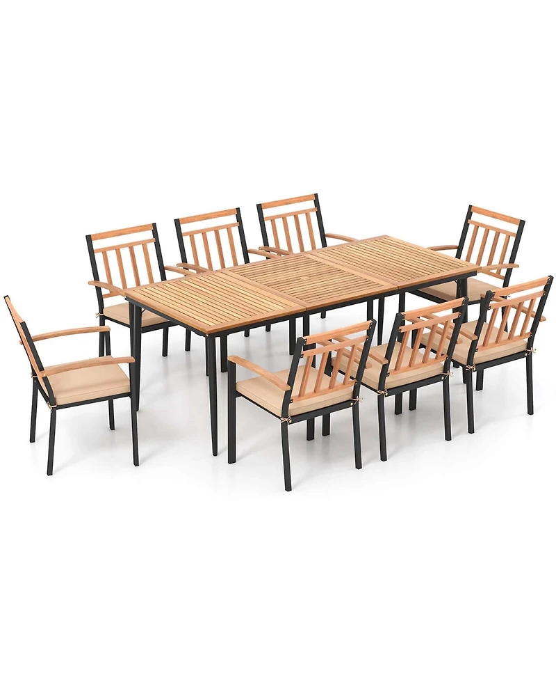 9 Pcs Patio Dining Set 79" Rectangle Dining Tables with 8 Wooden Armchairs