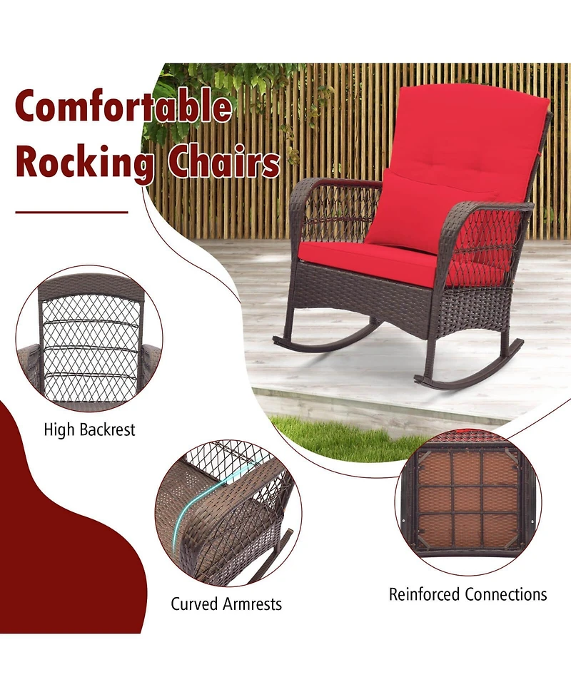Costway 3 Pcs Patio Rocker Set Outdoor Wicker Rocking Chairs with Double-Layer Coffee Table