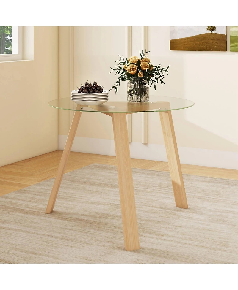 36" Round Glass Dining Table for 4 with Tempered Glass Tabletop Rubber Wood Frame
