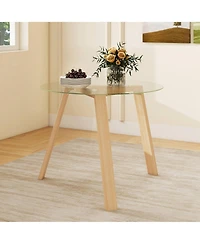 36" Round Glass Dining Table for 4 with Tempered Glass Tabletop Rubber Wood Frame