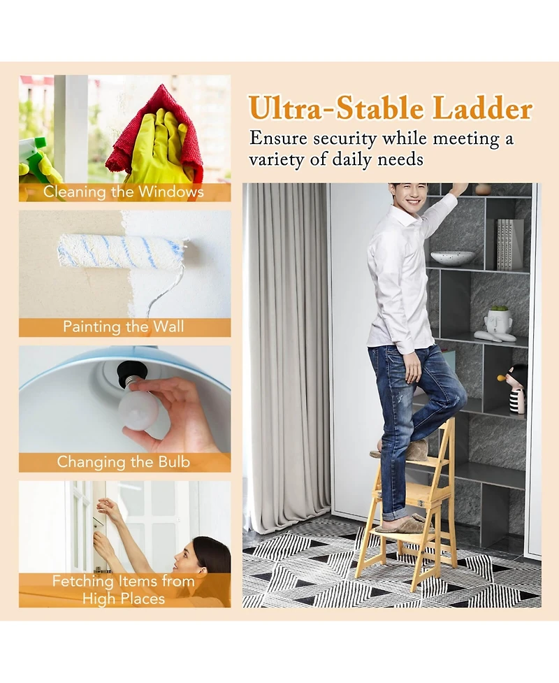 Costway Toddler 3-Step Folding Step Ladder Chair with Bamboo Frame Convertible Stool Reddish