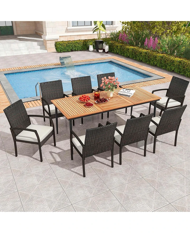 Costway 9 Pcs Patio Dining Set Outdoor Acacia Wood Dining Table with 1.9" Umbrella Hole