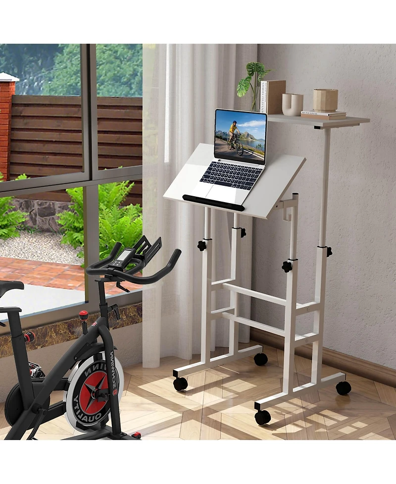 Height Adjustable Mobile Standing Desk with Tiltable Desktop & 2 Hanging Hooks
