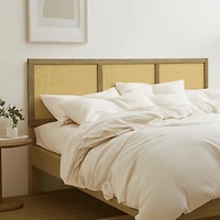 LuxenHome Natural Finish Rubberwood with Rattan Panels Headboard