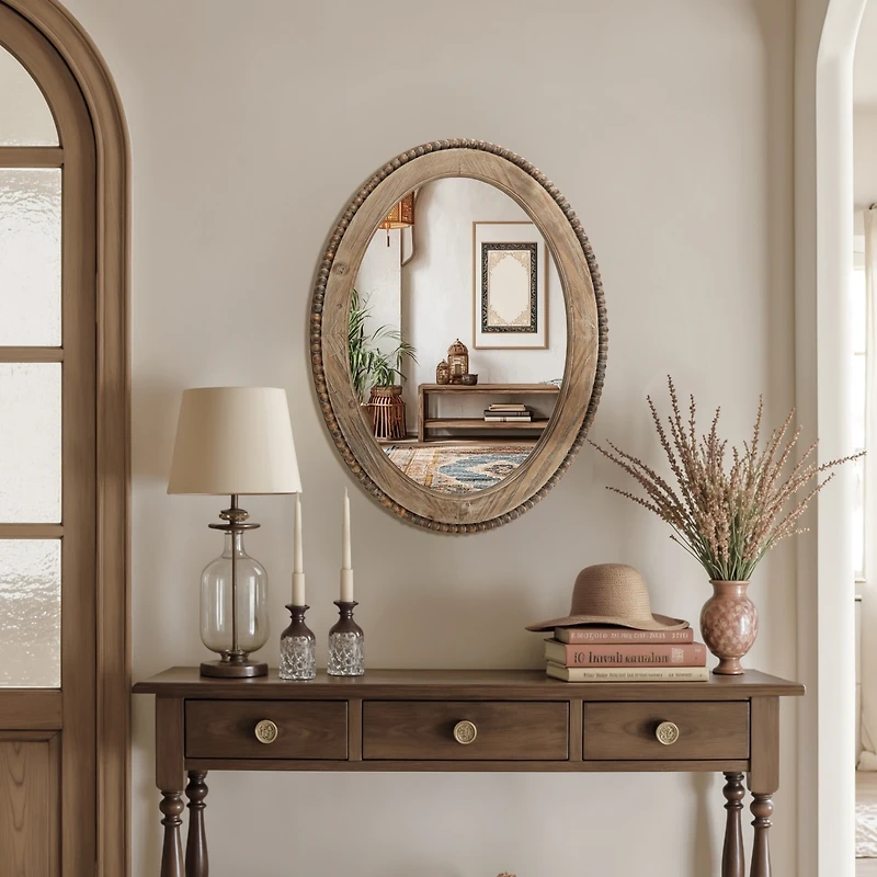 LuxenHome 32-Inch Cameo Wood Framed Accent Wall Mirror Large Oval Wall Mounted Mirror Farmhouse Wall Decor