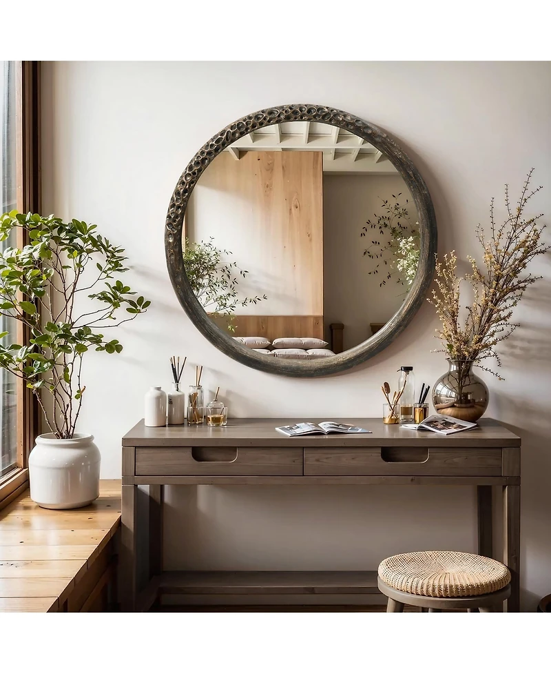 LuxenHome 32-Inch Round Brown Crater MgO Frame Wall Mirror