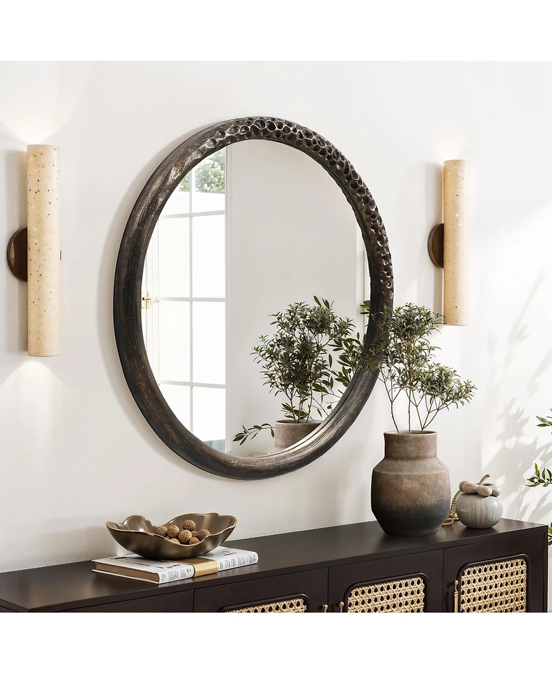 LuxenHome 32-Inch Round Brown Crater MgO Frame Wall Mirror