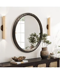 LuxenHome 32-Inch Round Brown Crater MgO Frame Wall Mirror
