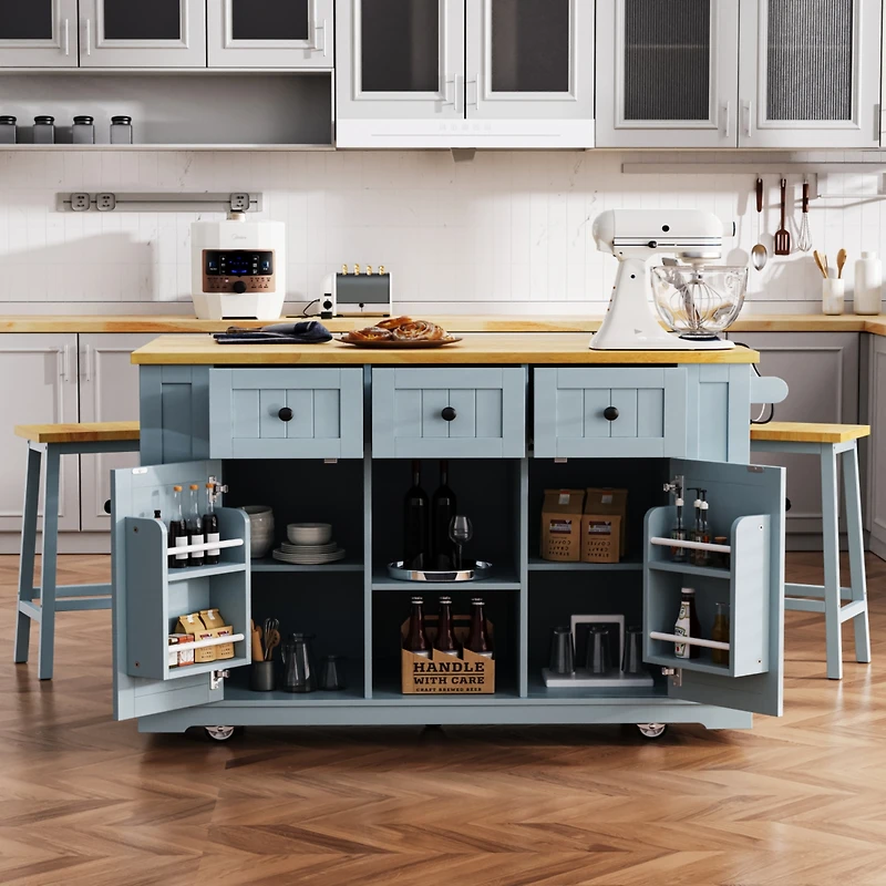 Streamdale 53" Kitchen Island with Drop Leaf, Power Outlet, Storage, Rolling Cart