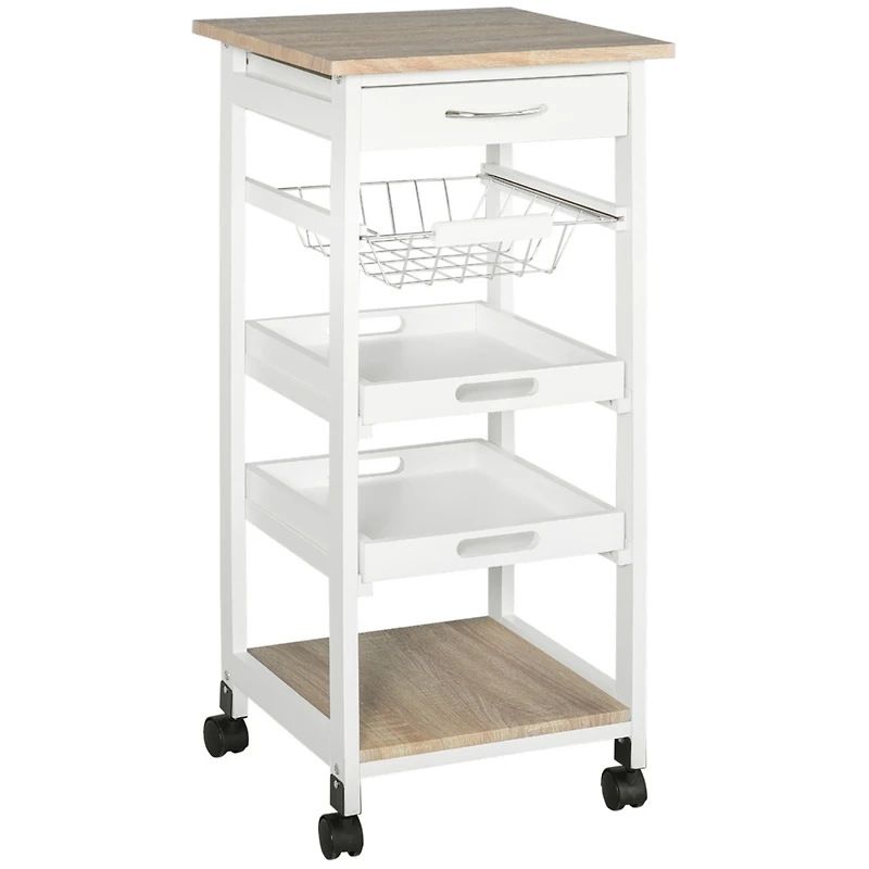 Mobile Kitchen Cart, Rolling Kitchen Island with Storage, Solid Wood Frame Utility Cart with Wire Fruit Baskets, Trays and Drawer, White