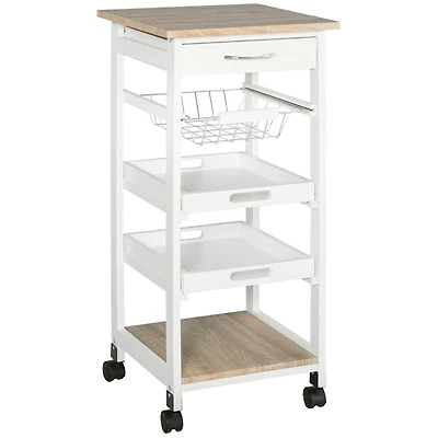 Mobile Kitchen Cart, Rolling Kitchen Island with Storage, Solid Wood Frame Utility Cart with Wire Fruit Baskets, Trays and Drawer, White
