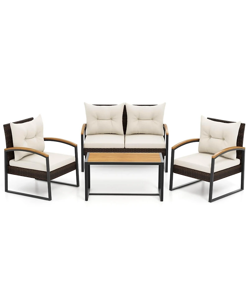 4 Pcs Patio Conversation Set with Coffee Table Solid Acacia Wood Armrests Tabletop