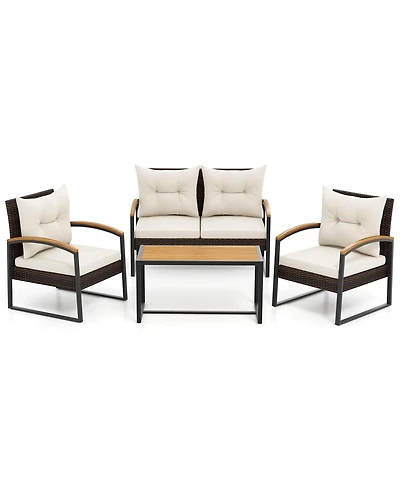 4 Pcs Patio Conversation Set with Coffee Table Solid Acacia Wood Armrests Tabletop